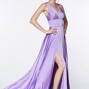 Lavender V-Neck Satin A-Line Shape Prom Dress 7469